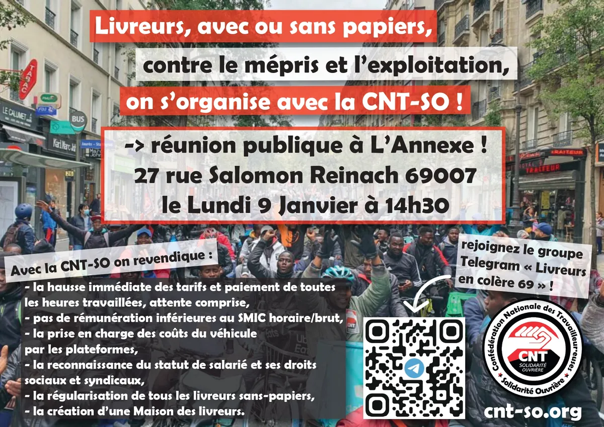 Mouvement des livreurs en colère : à Lyon aussi on s’organise ! 2ème réunion publique, lundi 09 janvier