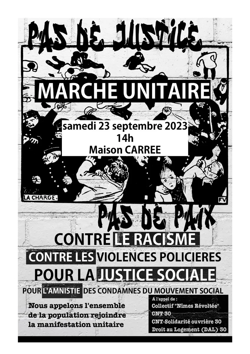 Pas de justice, pas de paix ! Marchons massivement le 23 septembre à Nîmes comme ailleurs !