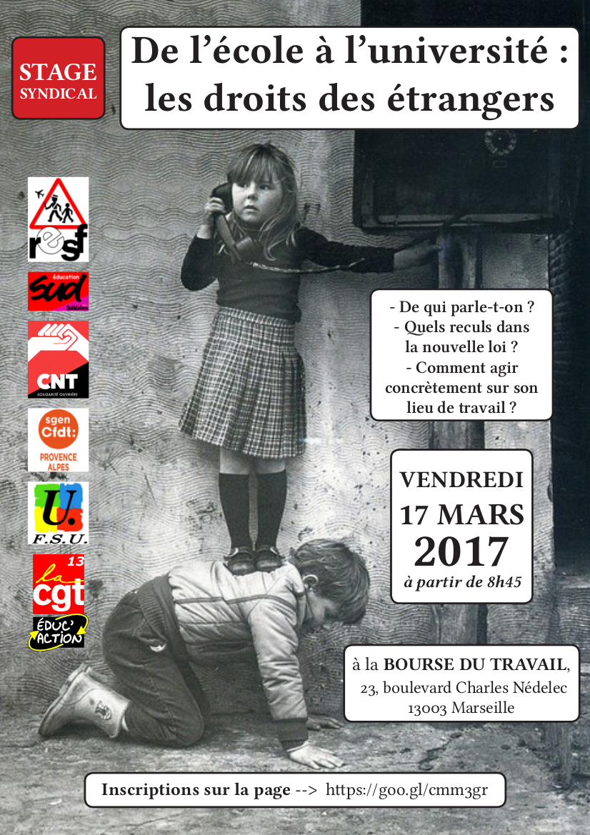 Stage intersyndical du 17 mars 2017. De l'école à l'université : droits des étrangers