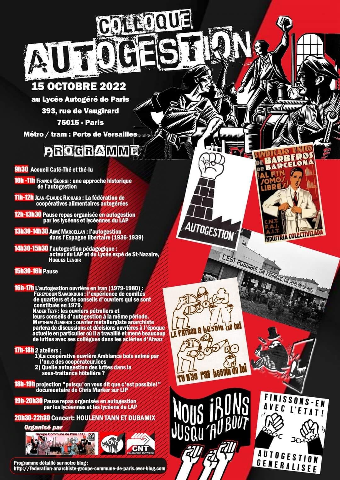 Colloque "Autogestion" le 15 octobre au lycée autogéré de Paris (393 rue Vaugirard - 15°)