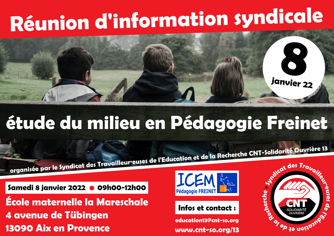 Education : Pédagogie Freinet / Réunion d'information syndicale le 8 janvier 2022 à Aix-en-Provence