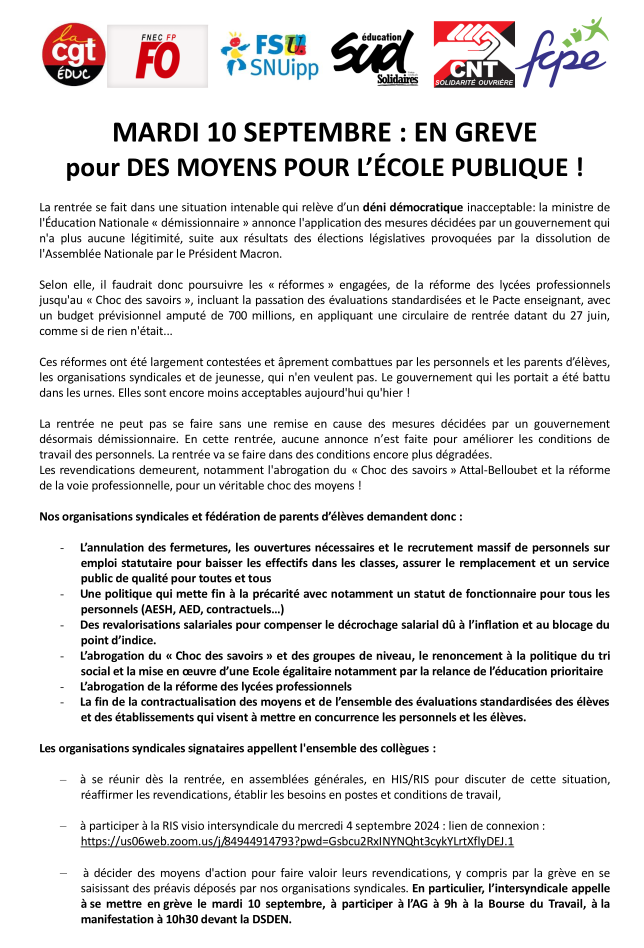 MARDI 10 SEPTEMBRE: EN GRÉVE POUR DES MOYENS POUR L’ÉCOLE PUBLIQUE