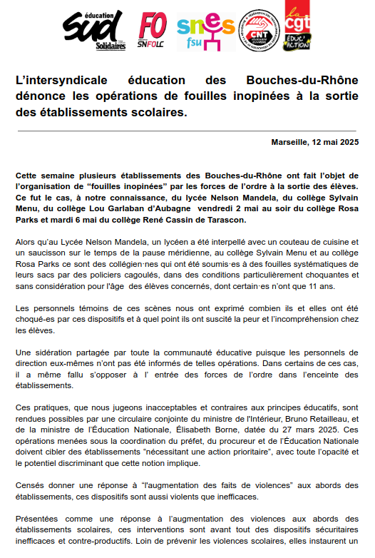 L’intersyndicale éducation des Bouches-du-Rhône dénonce les opérations de fouilles inopinées à la sortie des établissements scolaires