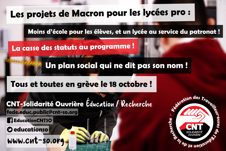 Mobilisons-nous contre la casse des lycées pro ! Tous et toutes en grève le 18 octobre !
