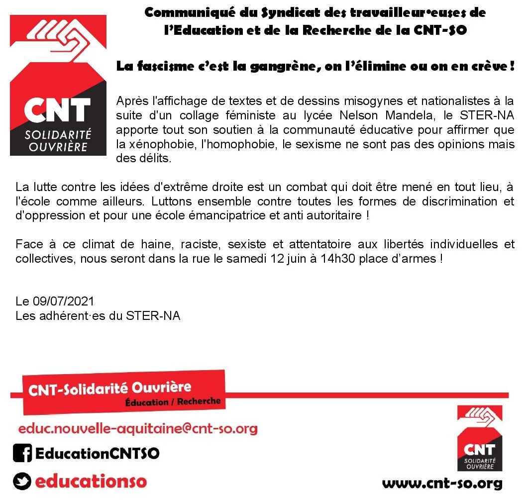 Communiqué du Syndicat des travailleur·euses de l’Education et de la Recherche